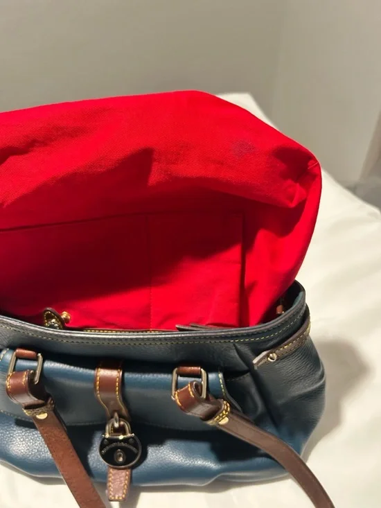 Dooney & Bourke Blue Leather Tote with Brown Trim and Gold Hardware - Picture 13 of 15